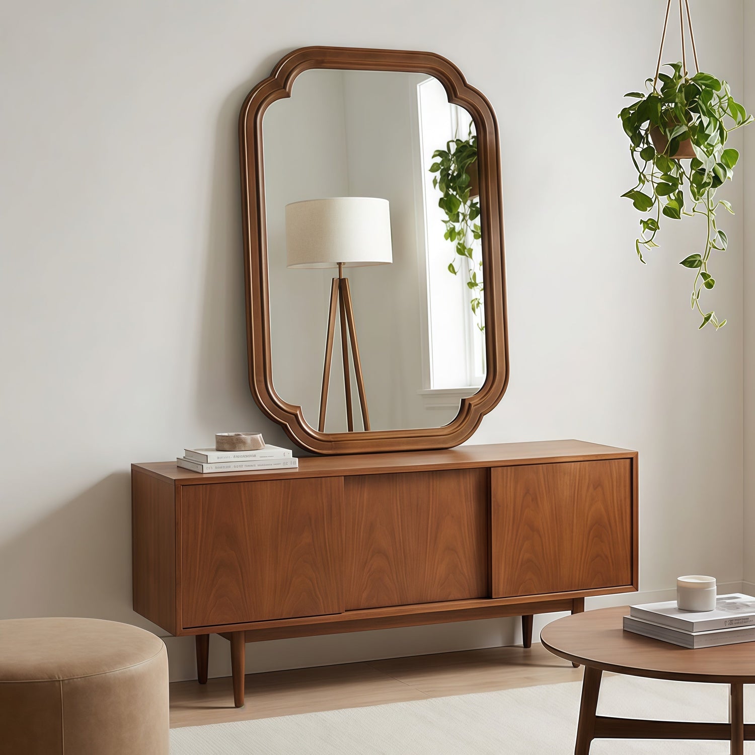 Sangria Beech solid wood frame decorative mirror with rounded corners, ideal for bedroom furniture.