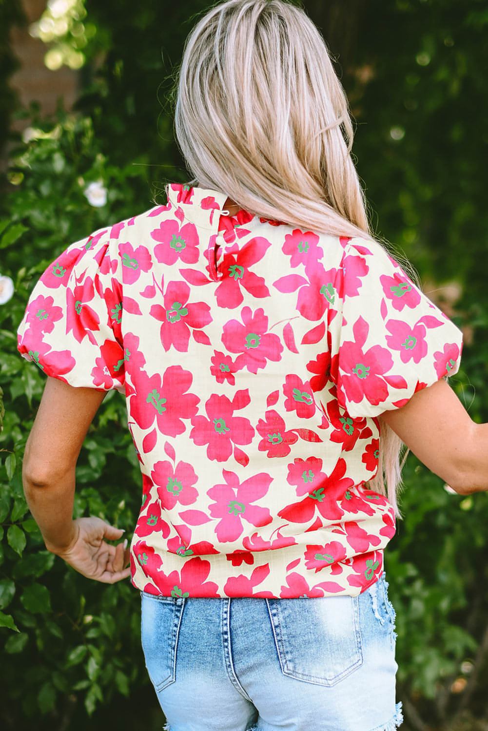 Beige floral puff sleeve blouse with frilled neckline by Carmine Juneberry, stylish tops and blouses for feminine fashion.