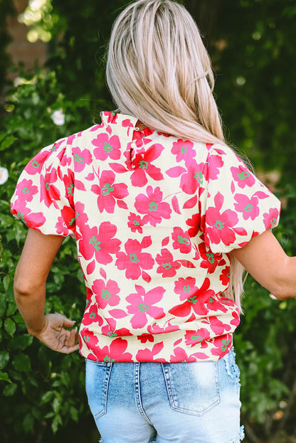 Beige floral puff sleeve blouse with frilled neckline by Carmine Juneberry, stylish tops and blouses for feminine fashion.