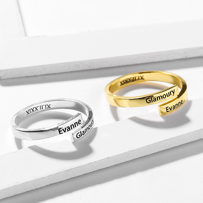 Sterling silver full two-name ring from Pink Lucky, showcasing a sleek band engraved with two personalized names.