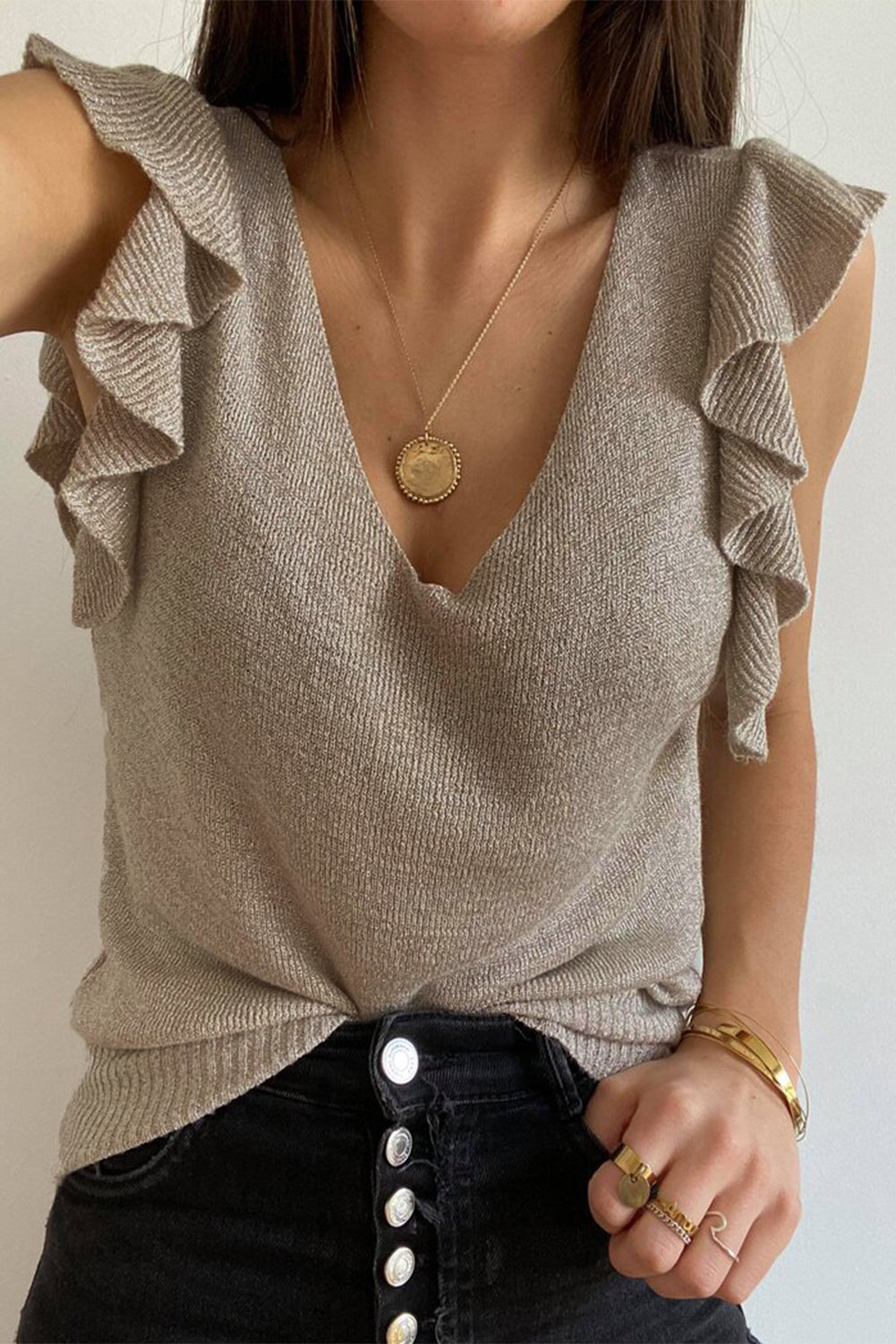 Lavender Pallas khaki cascading ruffles knit tank top for women, featuring a stylish sleeveless design with ruffle details.