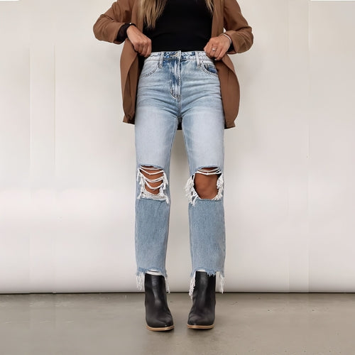 Carmine Juneberry UrbanEase™ high waist loose straight jeans for women, showing the relaxed fit and dark denim fabric.