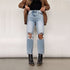 Carmine Juneberry UrbanEase™ high waist loose straight jeans for women, showing the relaxed fit and dark denim fabric.