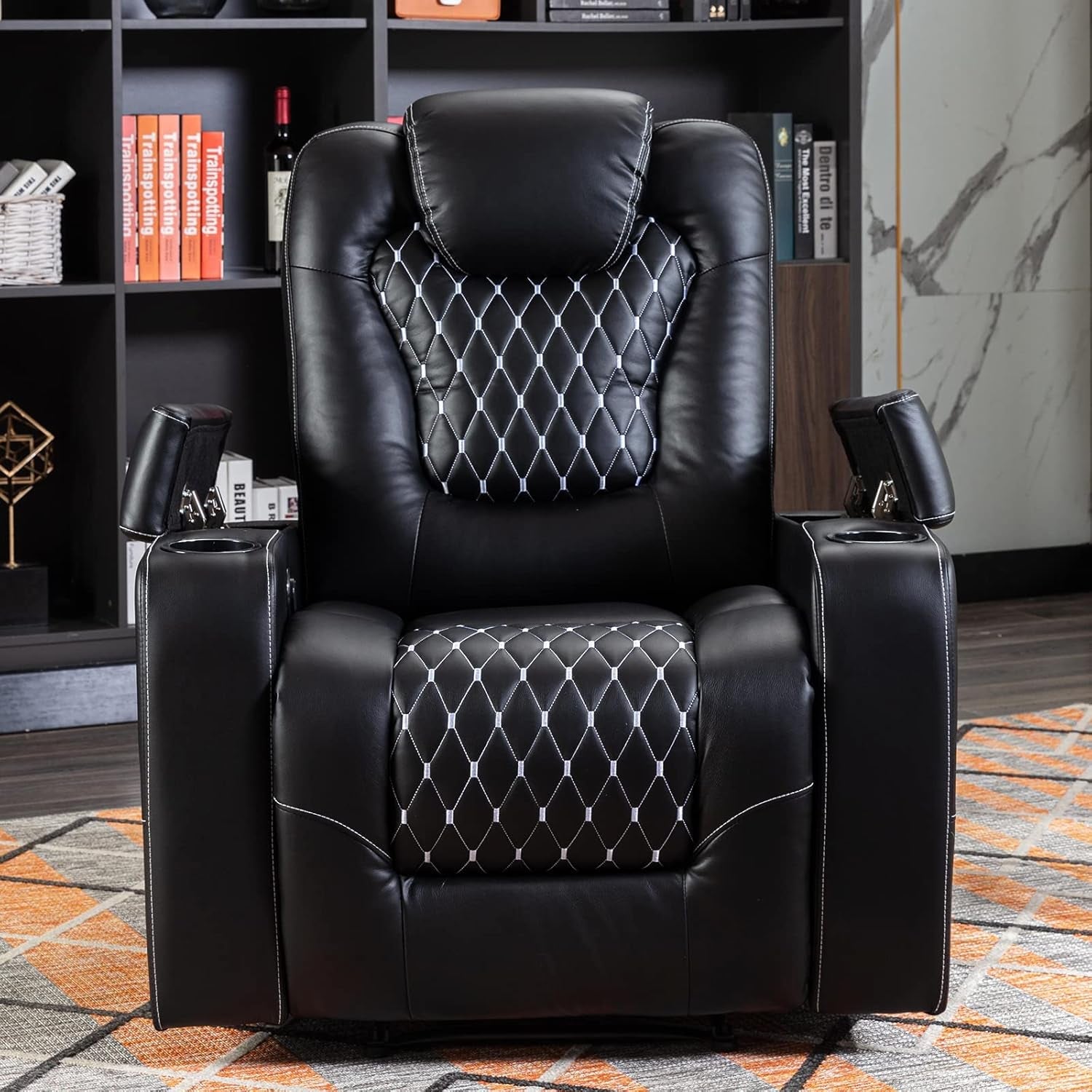 Black Peach Maple power recliner with USB ports and cup holders, featuring plush cushioning and a modern furniture design.