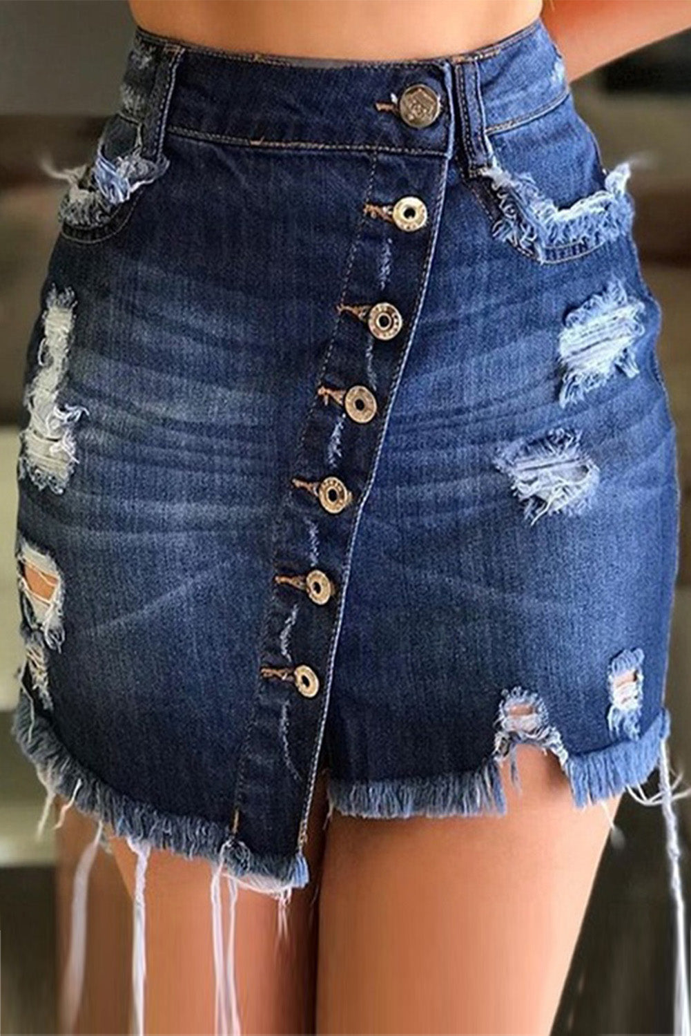 Dark blue distressed denim A-line short skirt with ripped details, button front, women&