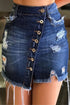 Dark blue distressed button-front ripped A-line denim skirt for women by Lavender Pallas, featuring a stylish distressed design.