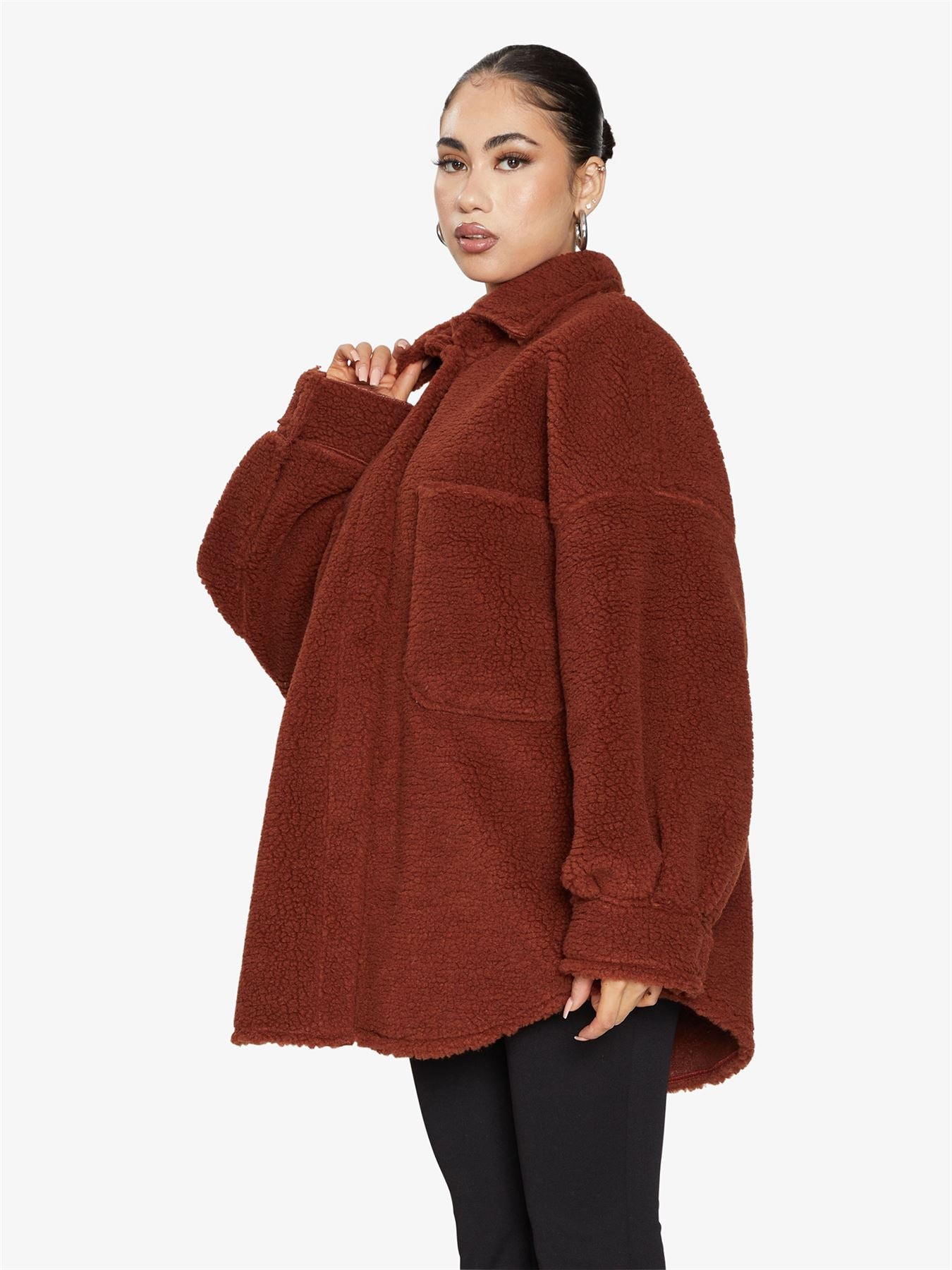 Rose Eleusis oversized patch pocket borg teddy shacket with a cozy, plush exterior and relaxed fit, perfect for layered winter looks.