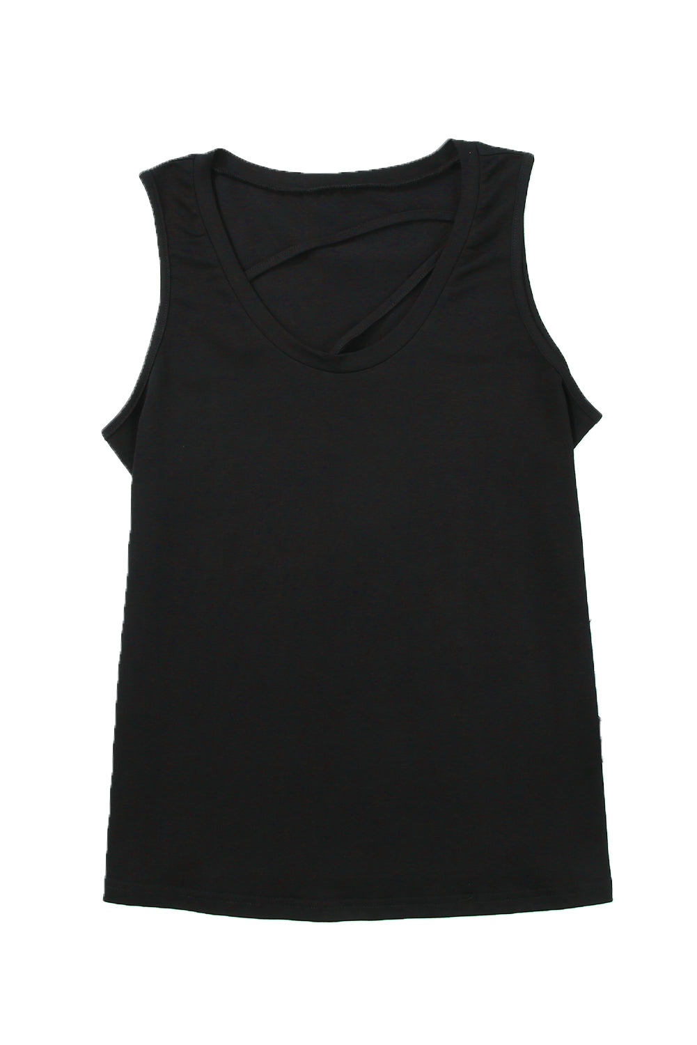 Black strappy hollow-out neck tank top from Harlequin Daisy, featuring a stylish design and lightweight fabric.