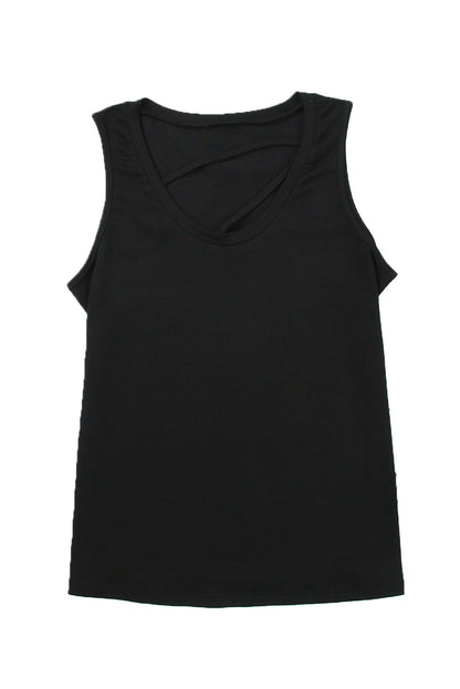 Black strappy hollow-out neck tank top from Harlequin Daisy, featuring a stylish design and lightweight fabric.