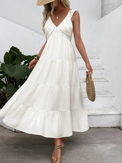 V-neck sleeveless tiered dress by Ruby Styx, flowing fabric with layered design, perfect for casual or summer wear.