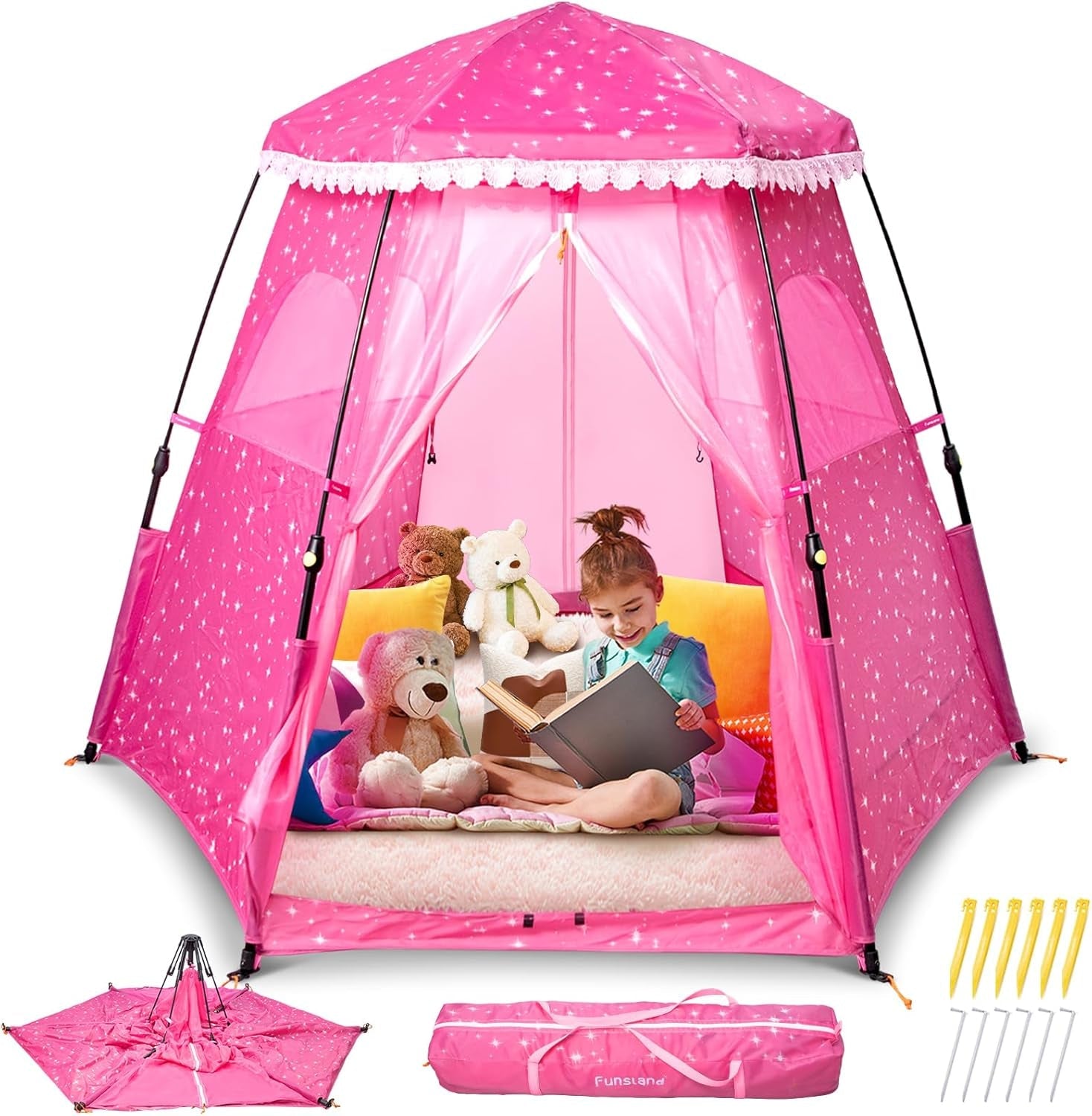 Peach Maple Kids Pop Up Play Tent Princess Castle Playhouse with 78x66 inch dimensions, colorful fabric and castle design.