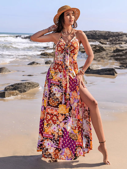 Printed slit halter neck cami dress for women by Ruby Styx, featuring a stylish design and lightweight fabric.