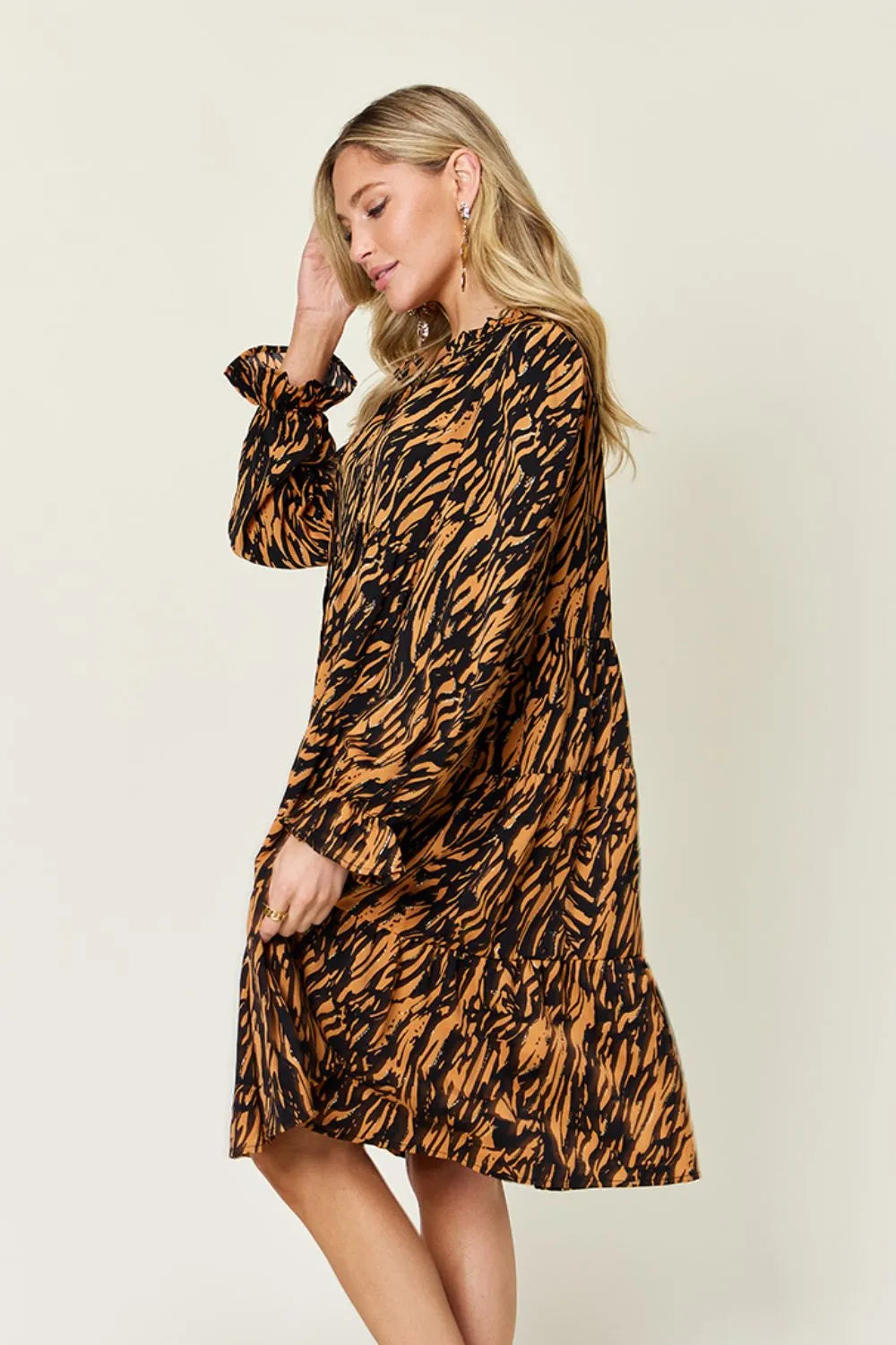 Pear Daisy Double Take printed ruffle hem long sleeve dress, full size, stylish design with ruffled details, perfect for home and garden wear