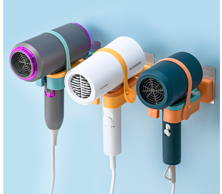 Maroon Asteria wall-mounted bathroom hair dryer rack with punch-free design, suitable for organizing hair tools and bathroom accessories.