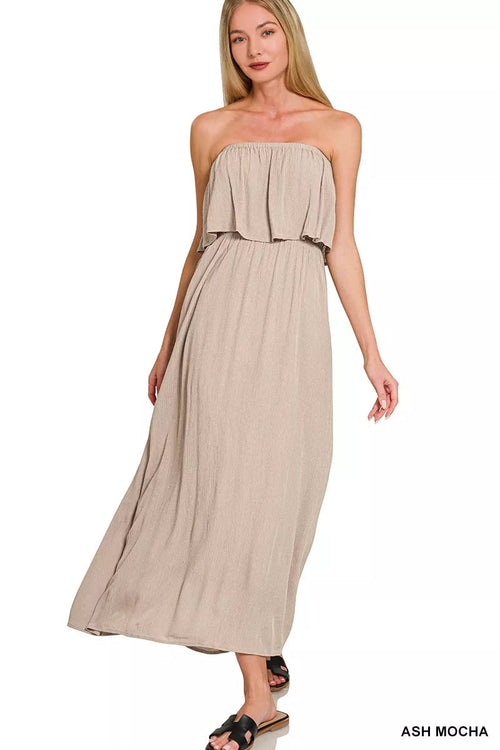 Woven crinkle strapless maxi dress by Pear Daisy, featuring a relaxed fit and elegant design, perfect for summer or casual wear.
