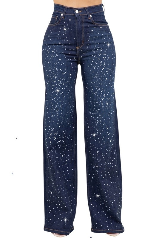 Jade Icarus Olivia rhinestone wide-leg jeans displayed on a model, featuring rhinestone embellishments and a relaxed fit.