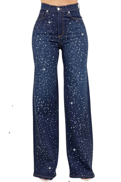 Jade Icarus Olivia rhinestone wide-leg jeans displayed on a model, featuring rhinestone embellishments and a relaxed fit.