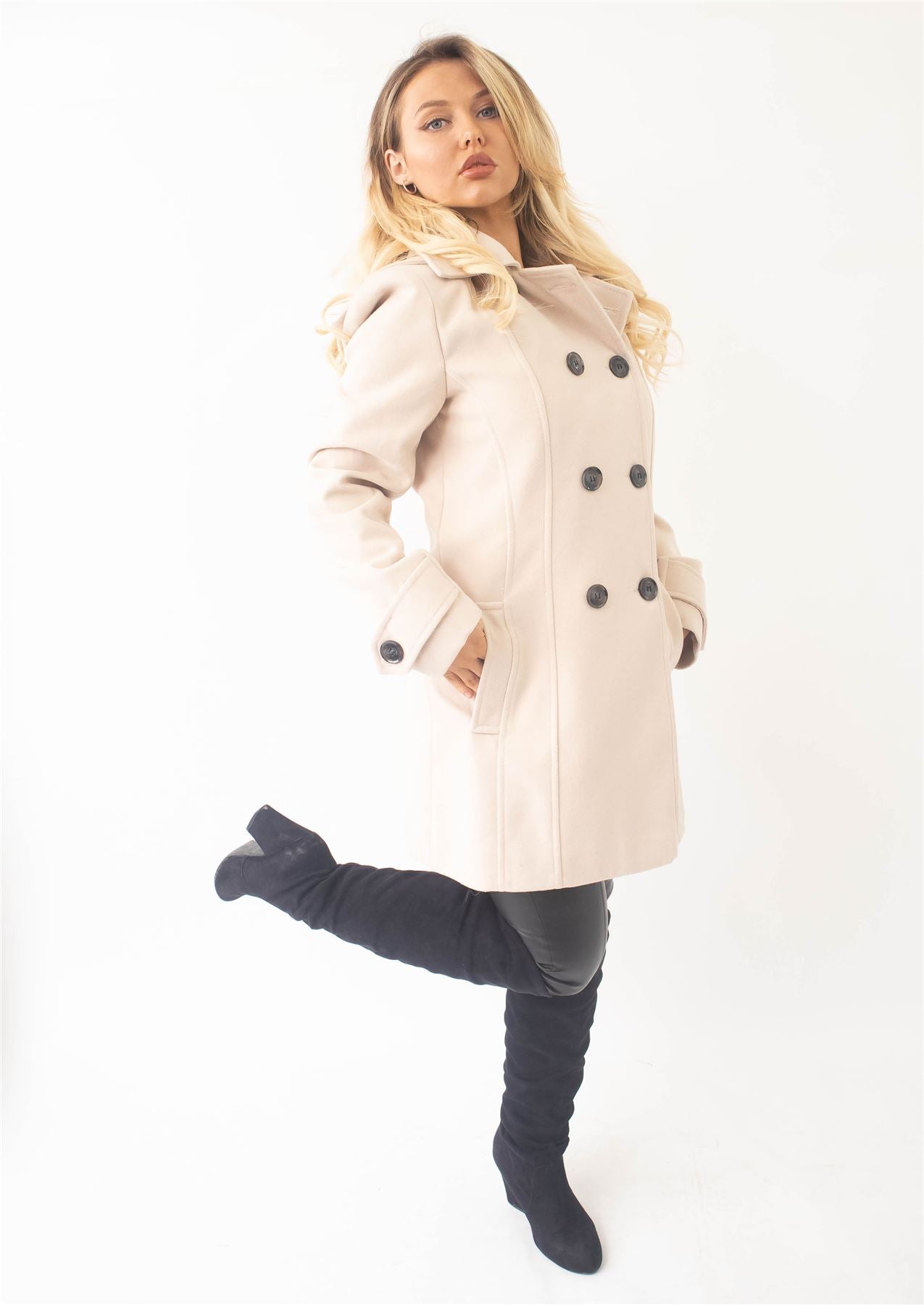 Rose Eleusis wool feel double-breasted hooded coat, stylish jacket with large front pockets and a cozy hood, perfect for fall.