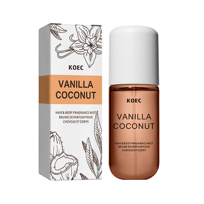 Carmine Juneberry KOEC Vanilla Hair &amp; Body Spray for Men, featuring smooth, warm, masculine scent, displayed in a sleek spray bottle.