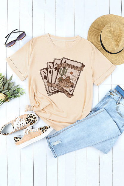 Carmine Juneberry khaki Western poker cards graphic T-shirt showing a detailed print of poker cards and Western design elements.