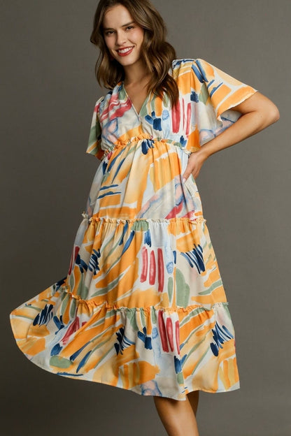 Abstract print flutter sleeve midi dress by Jade Icarus featuring tiered frill details and a full-size, stylish automotive-inspired design