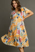 Abstract print flutter sleeve midi dress by Jade Icarus featuring tiered frill details and a full-size, stylish automotive-inspired design