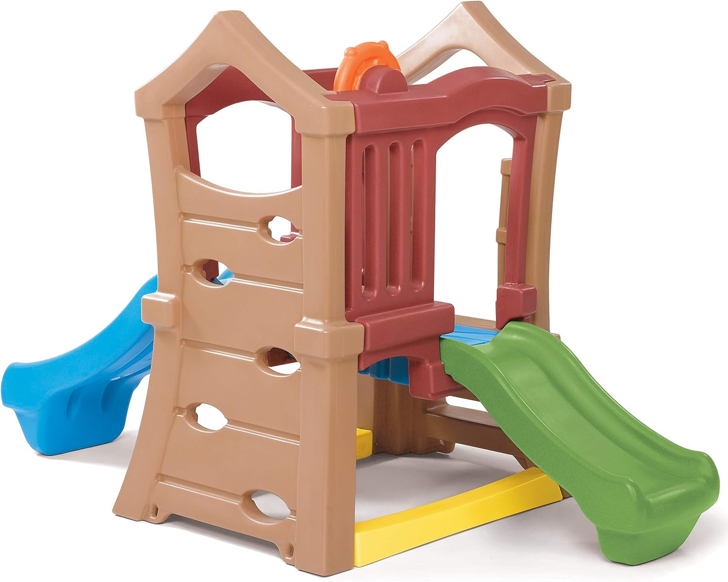 Peach Maple Play Up Double Slide Climber outdoor toddler playset with two slides for children aged 2 to 6, in a backyard setting.