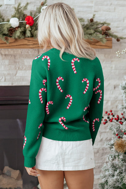 Byzantium Bay Christmas Candy Cane Drop Shoulder Sweater featuring red and white candy cane pattern and cozy knit design.