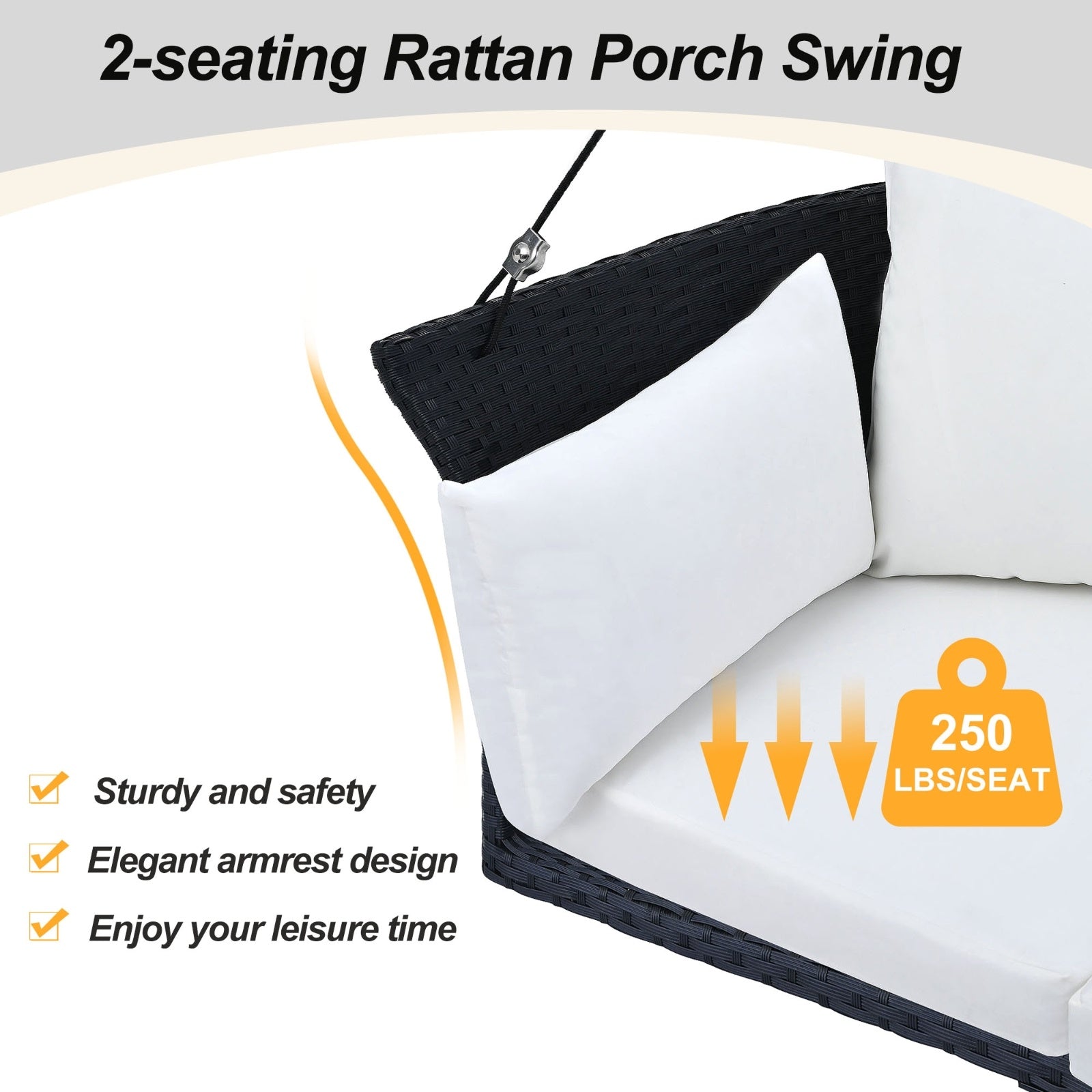 Black wicker hanging rattan porch swing for 2, Carmine Juneberry garden furniture, with white cushion and sturdy hanging chains.