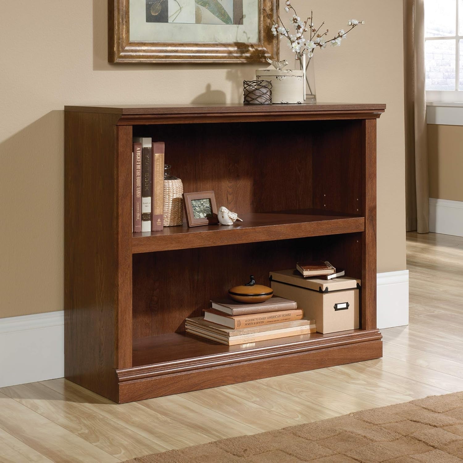 Two-tier wooden bookcase with adjustable shelves in oiled oak finish from Peach Maple, perfect for home storage and organization.