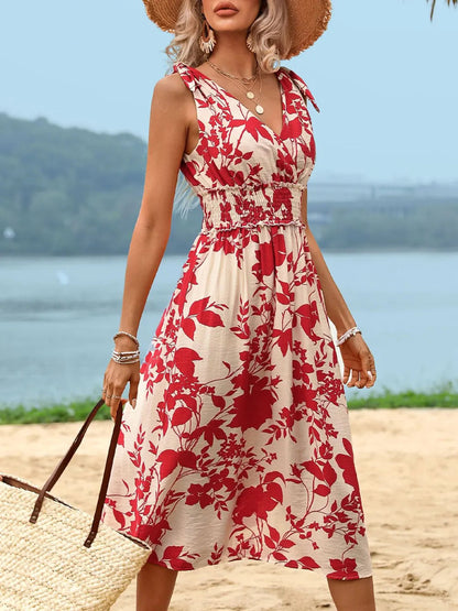 Ruby Styx Perfee smocked printed surplice midi dress for women, featuring a stylish floral pattern and flowy fabric.