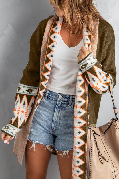 Brown Aztec print open front knitted cardigan from Carmine Juneberry, featuring a cozy, stylish sweater with intricate pattern details.