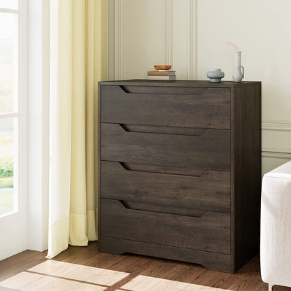 Dark brown Peach Maple 4-drawer dresser for bedroom storage and organization, featuring sleek wooden furniture with metal handles.