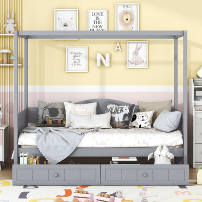 Sangria Beech twin size canopy day bed with a wood frame, canopy, and two built-in drawers for bedroom storage.