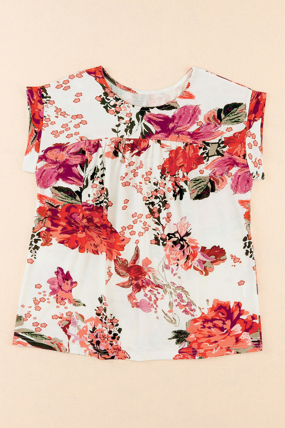 Fiery red floral short sleeve round neck blouse by Carmine Juneberry, featuring vibrant flower patterns and a classic fit.
