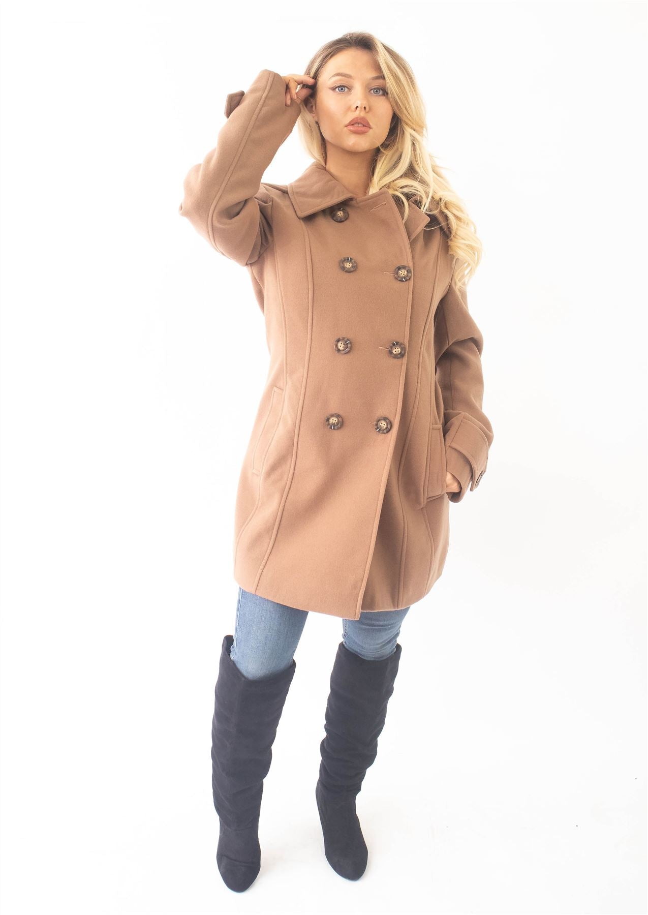 Rose Eleusis wool feel double-breasted hooded coat featuring a classic jacket design with a cozy hood and stylish button details.