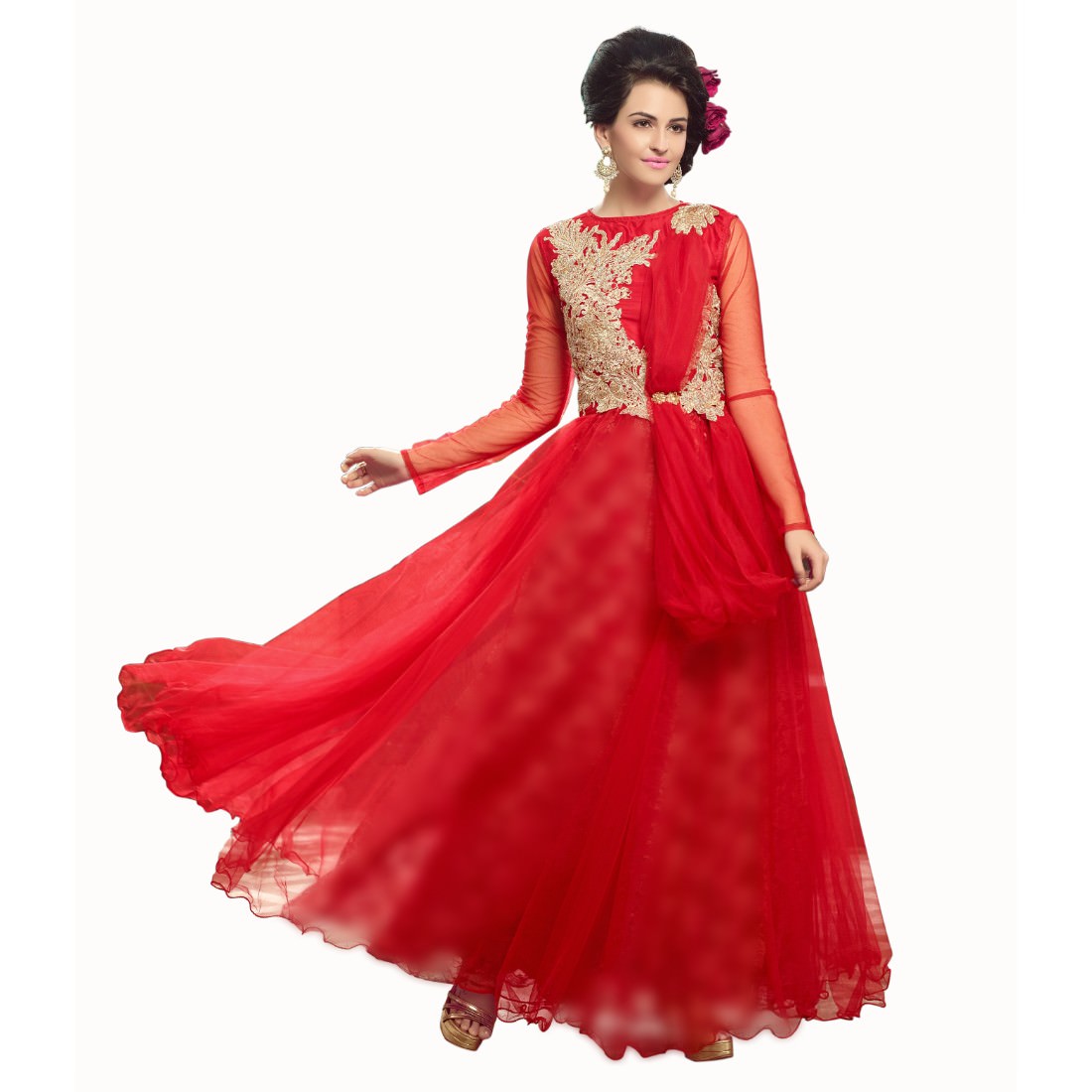 Red net fabric long gown for women by Ivory Cassiopeia, featuring intricate detailing and elegant design.