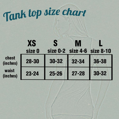 Illustration of a squirrel playing guitar on a racerback T-shirt by Indigo Tiger, shown on a size chart background.