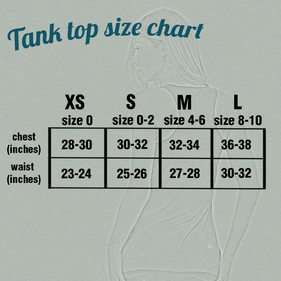 Indigo Tiger Crazy Cat Lady tank top size chart showing various measurements and fit details for women.