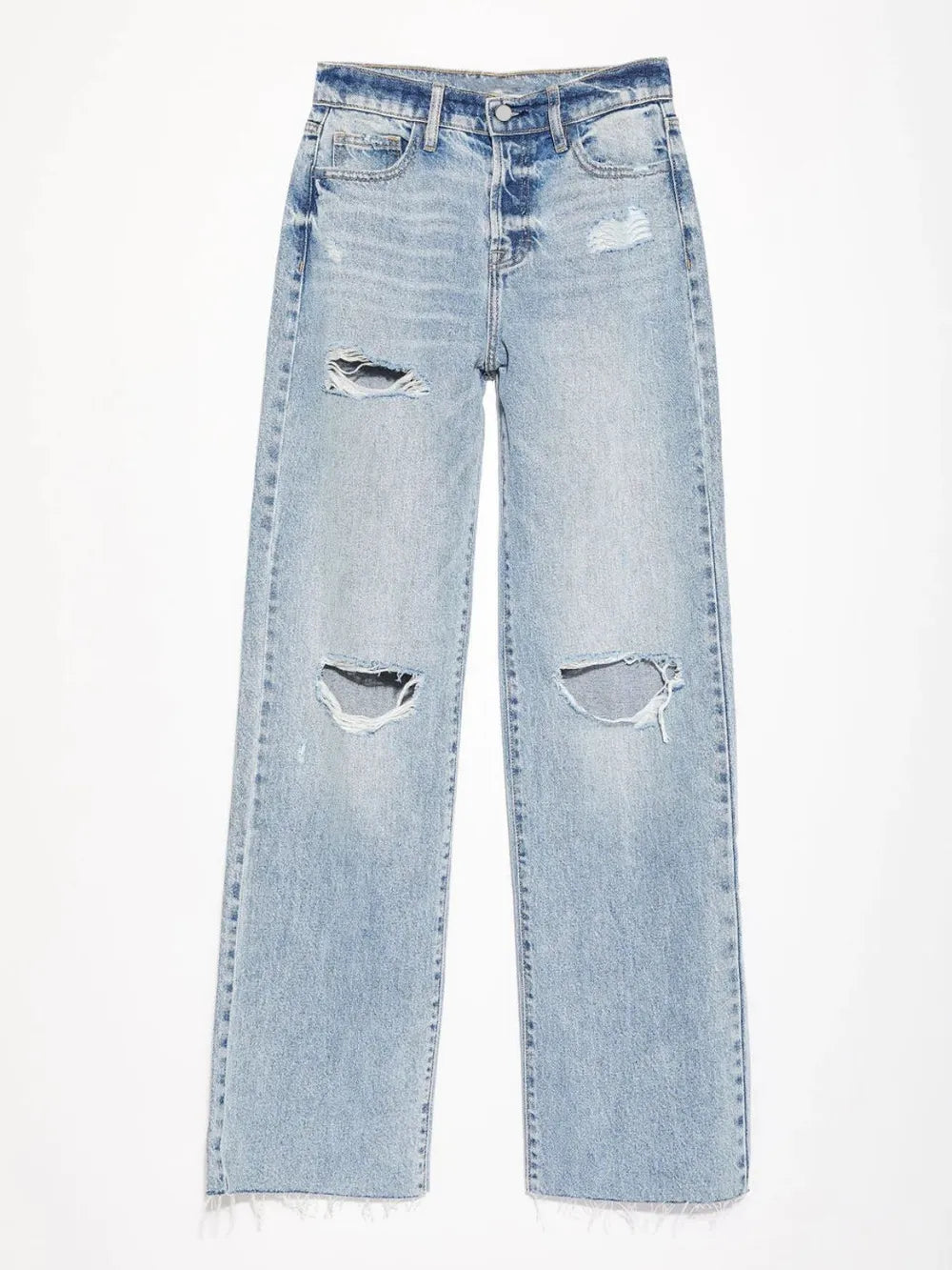 Pear Daisy distressed straight leg jeans with pockets, showcasing a casual denim style and worn-in detailing.