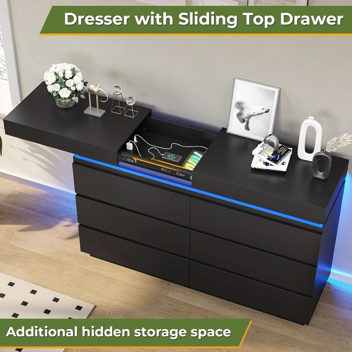 Black Multifunctional Dresser With Sliding Desk LED