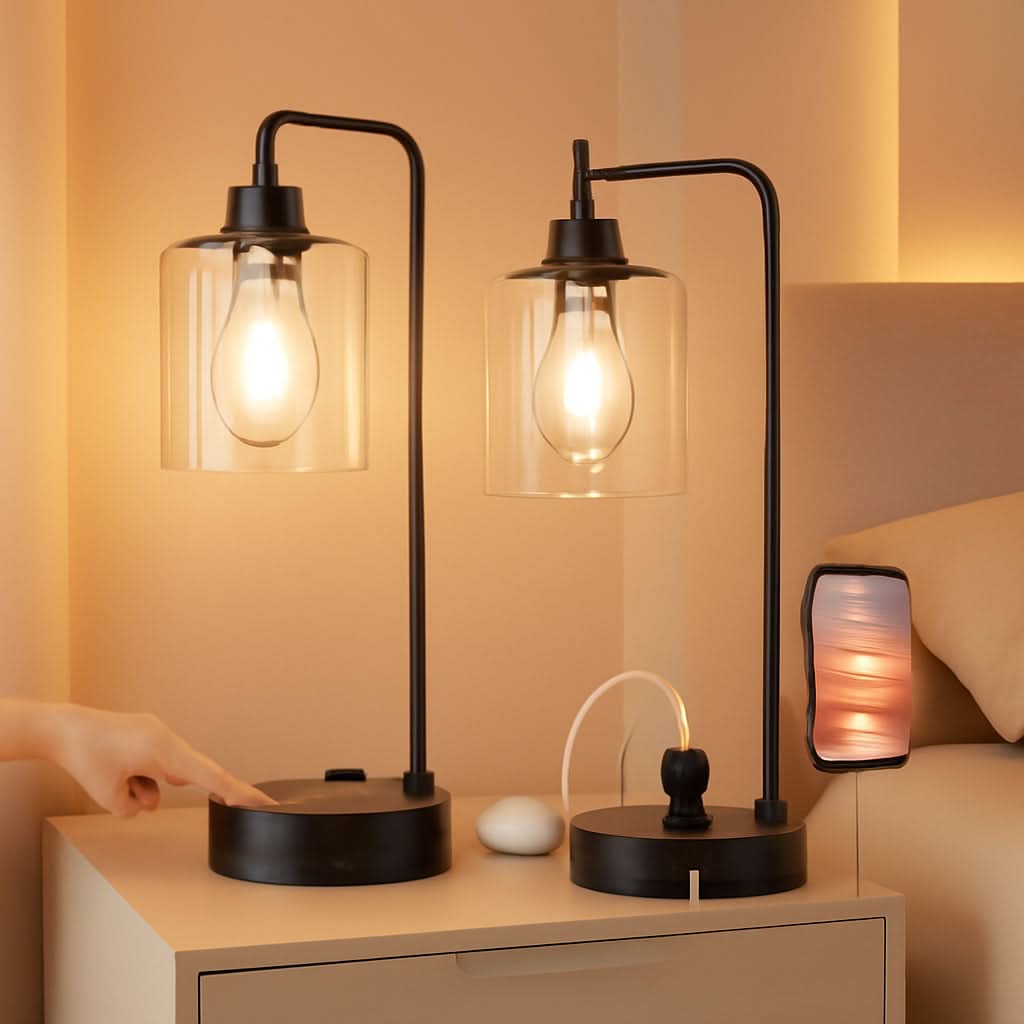 Industrial Touch Table Lamps Bundle Black 3 Way Dimmable USB