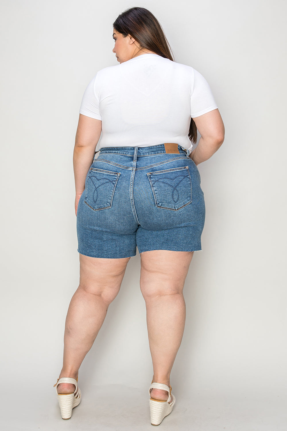 Judy Blue high waist slim denim shorts for women, showcasing a fitted style with a classic blue denim finish.