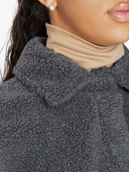 Rose Eleusis oversized patch pocket borg teddy shacket featuring a plush, textured exterior and relaxed fit, perfect for cozy wear.