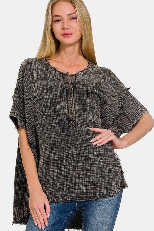 Carmine Juneberry Zenana Washed Texture Half Button T-Shirt in soft fabric with a relaxed fit, showing the textured design and half button front.