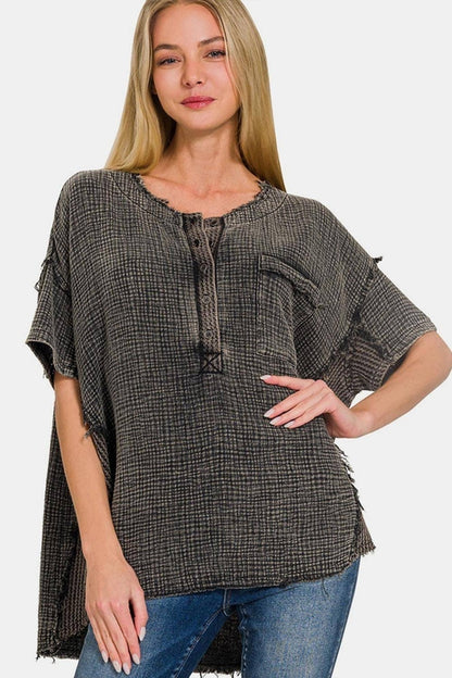 Carmine Juneberry Zenana Washed Texture Half Button T-Shirt in soft fabric with a relaxed fit, showing the textured design and half button front.