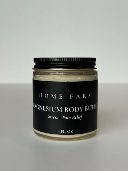 DC-The Home Farm Magnesium Body Butter for skin hydration and relaxation, shown in a natural skincare jar with smooth texture.