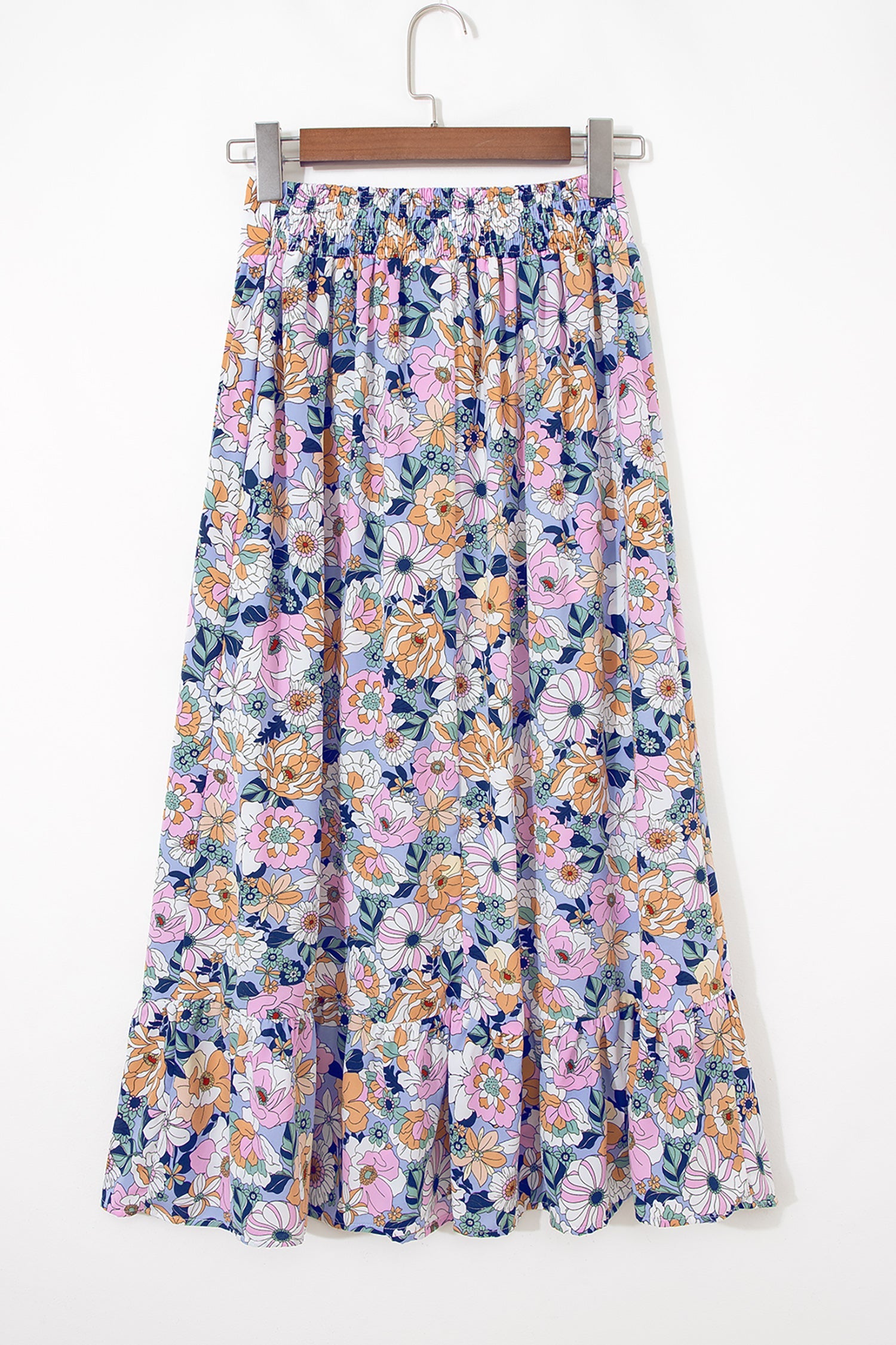 Floral lace-up high waist ruffle maxi skirt for women, featuring a flowy design and floral pattern from Byzantium Bay.