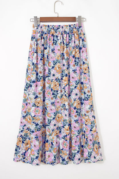 Floral lace-up high waist ruffle maxi skirt for women, featuring a flowy design and floral pattern from Byzantium Bay.