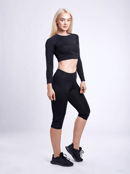 Black Lavender JupiterGear long-sleeve crop top, stylish activewear with a fitted design and breathable fabric for workout and casual wear.